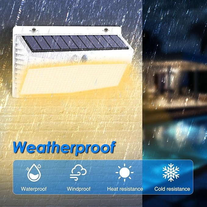Peasur 1 Pack 368 LED Solar Lights Outdoor Motion Sensor, Solar Fence with 3 Lighting Modes, Powered Security Waterproof for Outside Yard Wall Garden,White Warm