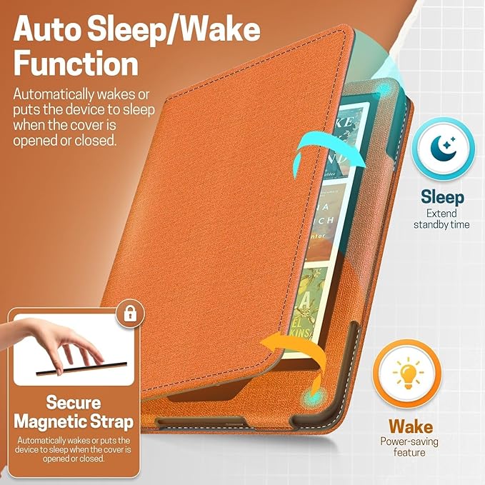 TNP Stand Case with Strap for Kindle Paperwhite 12th Gen 2024 / Kindle Colorsoft Signature Edition - 7" PU Leather Protective Folio Cover with Auto Wake/Sleep & Card Slot, Orange