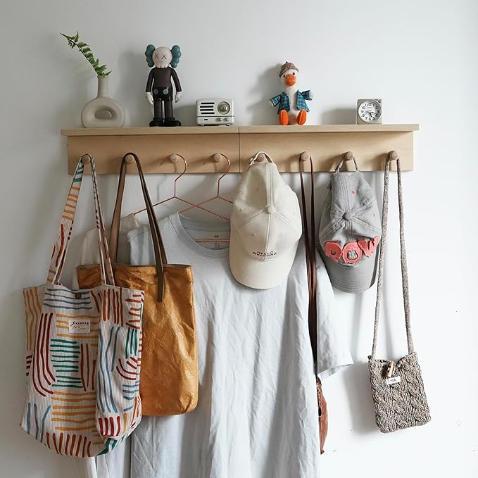 Entrance Coat Rack ，Coat Hooks, Wall-Mounted Wooden Hook Rack, Wall-Mounted Shelves(Birch Color Finish—A-1)