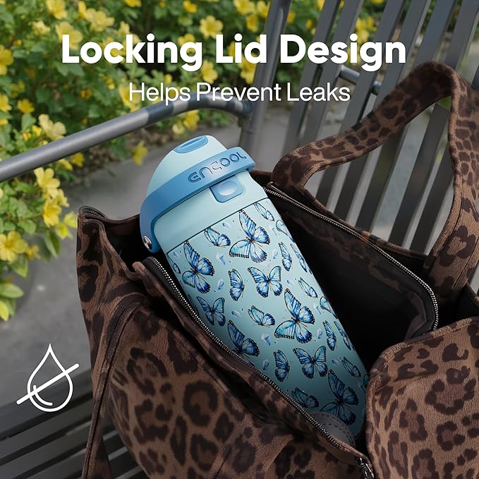 ENCOOL Leakproof Insulated Stainless steel Water Bottle with Straw Dual-Sip Water Bottle Bag-Safe Design for Work, BPA-Free Commute & Gym – Keeps Drinks Cold All Day, 24 oz, Glacier Butterfly