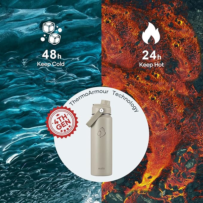 BUZIO 24 oz Water Bottle Insulated, Leakproof Stainless Steel Flask (Cold for 48 Hrs), Wide Mouth BPA-Free Metal Thermo Hydro Canteen with 2 Lids, Greige
