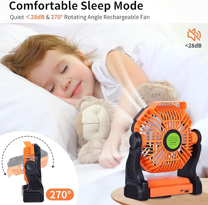 Portable Fan Rechargeable Battery Powered Fan,270°Pivot Cordless Battery Operated Camping Fans with LED Light & Hook,USB Personal Fans Outdoor Camping Essentials for Tent Beach Travel Reading