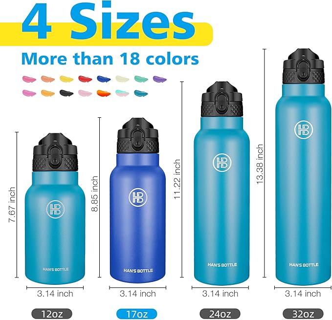 Han's Bottle Kids Water Bottle with Straw Lid - Insulated Stainless Steel Reusable Tumbler for Girls,Boys,Thermo Mug,17oz,Navy Blue