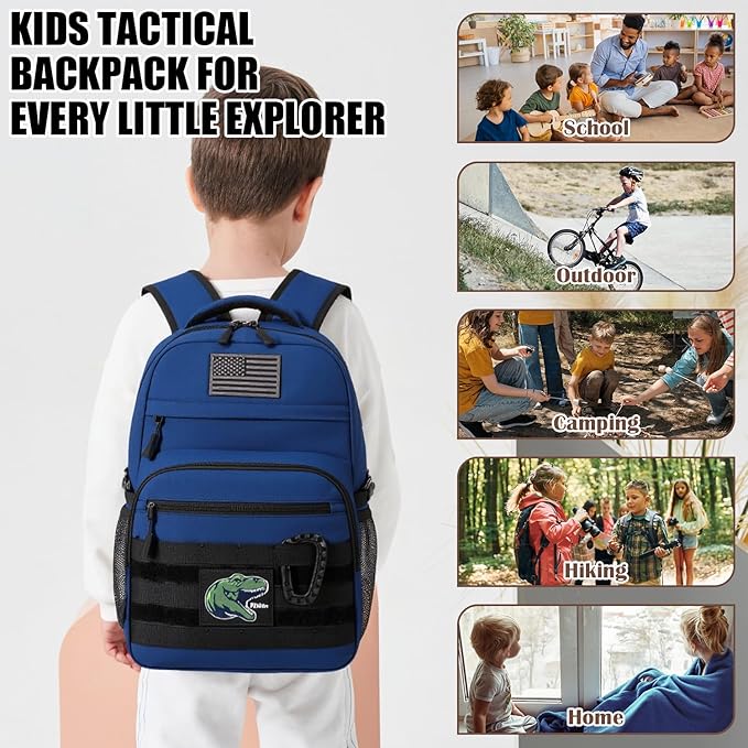 Kids Tactical Backpack Army Molle Bookbag Military Boys Backpack for School, Outdoor, Camping (Includes 2 Patches+1Carabiner), Blue