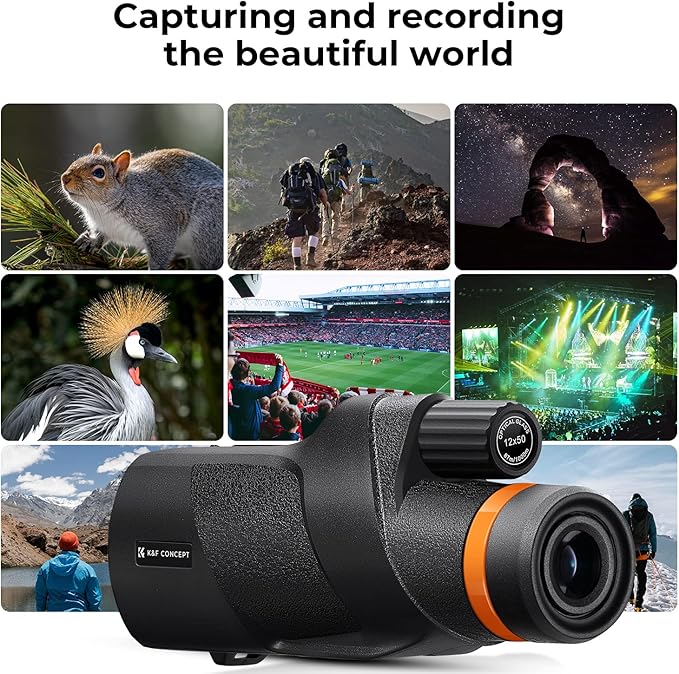 K&F Concept® 12X50 Monocular Telescope with Cleaning Cloth, FMC Lens & BAK4 Prism Telescopes for Adults, Sky Captain HD Monocular for Bird Watching Hunting Hiking Camping Travelling