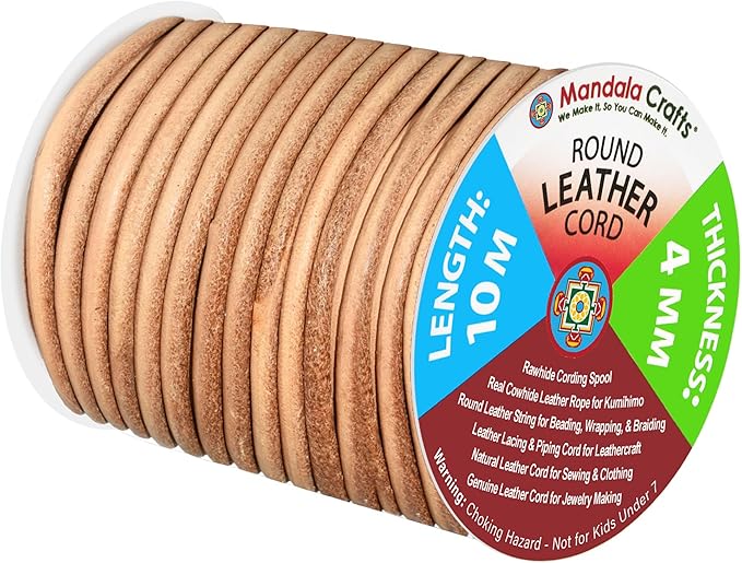 Mandala Crafts Round Cowhide Genuine Rust Leather Cord for Jewelry Making Kumihimo Leather Rope Spool - Rust 11 Yds 4mm Cording
