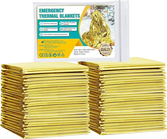 General Medi Emergency Blanket (12-Pack), Emergency Gold Foil Blanket– Perfect for Outdoors, Hiking, Survival, Marathons or First Aid