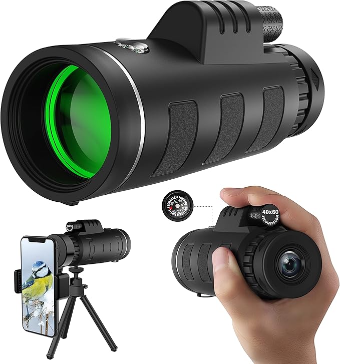 40x60 High Definition Monocular Telescope with Smartphone Adapter, BAK4 Prism FMC Monocular with Clear Low Light Vision for Wildlife Hunting Camping Travelling（LD006-00A-PDQ-1）