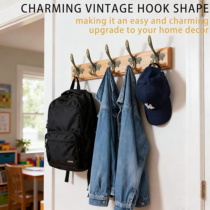 6Pcs Cute Butterfly Decorative Wall Double Hook Antique Brass Hook for Hanging Coat Keys Hats Towel Small Vintage Zinc Alloy Multi-Purpose Hook for Farmhouse Bathroom Kitchen Room