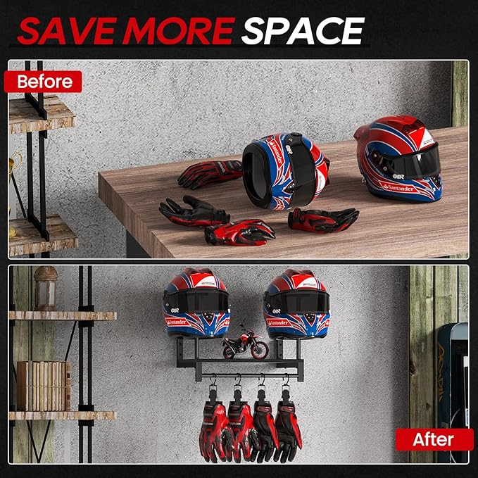 Motorcycle Helmet Holder Wall Mount, Helmet Rack with 4 Glove Clips, Motorcycle Gear Rack Storage, Motorcycle Accessories Organizer for Entryway or Garage