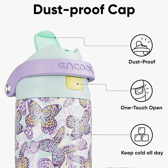 ENCOOL Leakproof Insulated Water Bottle with Straw Dual-Sip Water Bottle Bag-Safe Design for Work, Commute & Gym – Keeps Drinks Cold All Day, 24 oz, Mosaic Butterfly