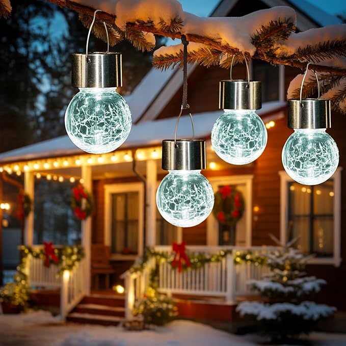 GIGALUMI Solar Lights Outdoor Waterproof, 12 Pack Solar Hanging Lights Garden Decor, Gifts for Women, Solar Outdoor Lantern Waterproof Cracked Glass for Yard, Fence, Tree(Cold White)