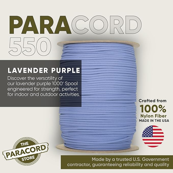 The Paracord Store | Type III 550 Paracord - 250 FT Spool, Lavendar Purple | Heavy Duty 7 Strand Tactical Paracord - USA Made Nylon Outdoor Parachute Cord for Camping, Fishing & More - Survival Cord