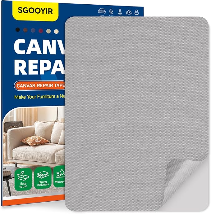 Self-Adhesive Canvas Repair Tape, 8.3" x 11" Waterproof Canvas Repair Patch, Fabric Patch Repairs Kit for Furniture, Tents, Sunbrellas, Boat Covers Awnings, Couches, Clothes, Bags Grey