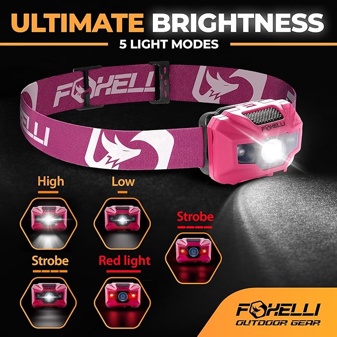 Foxelli USB‑C Rechargeable LED Headlamp – Ultra‑Light 2.4 oz & Bright 180 Lumens – Red/White Light, 5 Modes, IPX5 Waterproof, 40 h Runtime for Trail Running, Camping, Hiking