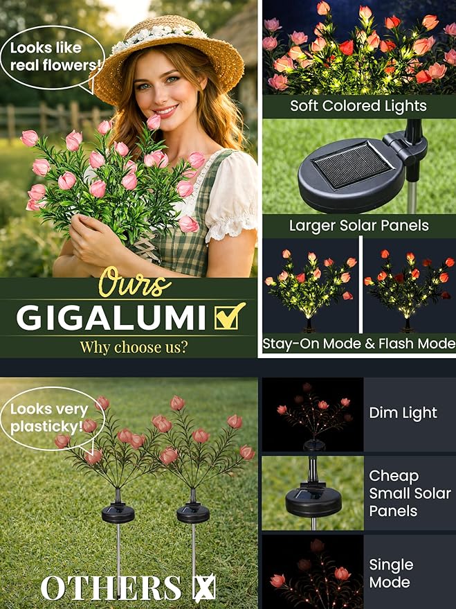 GIGALUMI Solar Garden Lights with Gardenias, 2Pack LED Garden Decor Carefree Solar Flowers Outdoor Waterproof, Yard Decorations Outdoor, Allergy-Free Light up Flowers for Yard Patio (2 Pink)