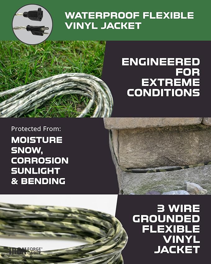 Iron Forge Cable Camo Outdoor Extension Cord 25 ft, 16/3 SJTW 25 Foot Camoflauge Exterior Extension Cord 3 Prong, Weatherproof Heavy Duty Power Cable for Outside, Deck, Landscaping, Lawn & Hunting