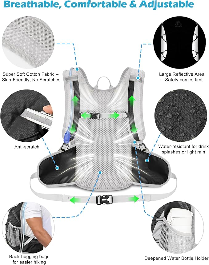 Hydration Backpack with 2L Water Bladder - Lightweight 15L Daypack with Phone-Sized Hip Belt Pockets, Anti-Chafe Cotton Edging & No-Bounce Straps - Small Water Backpack for Hiking, Running, Skiing