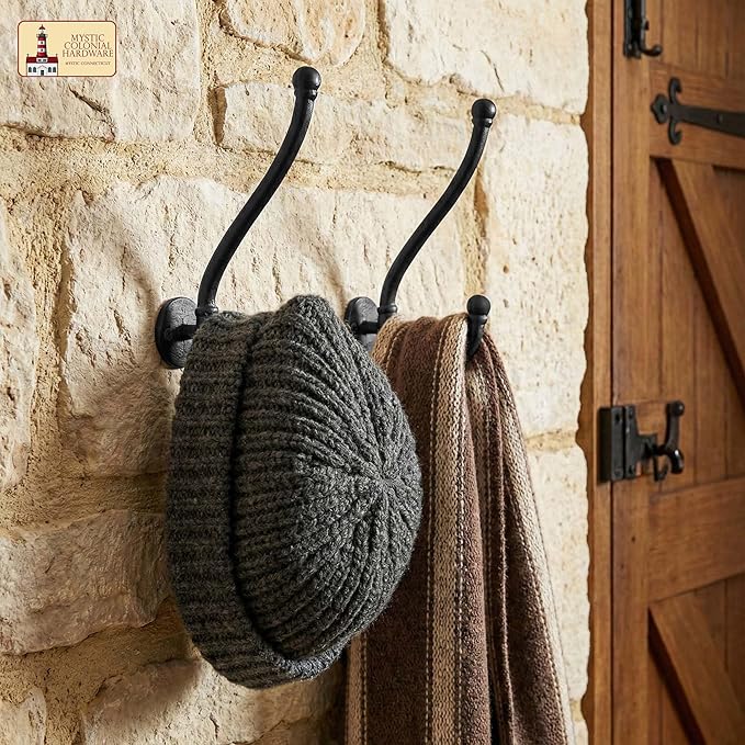 Mystic Colonial Rustic Cast Iron Wall Hooks, Heavy Duty Retro Utility Hanger, Multi Purpose Wall Mount Hooks for Hanging Coat, Bag, Towel, Robe, Hat, Pack of 10-8" x 1.5"