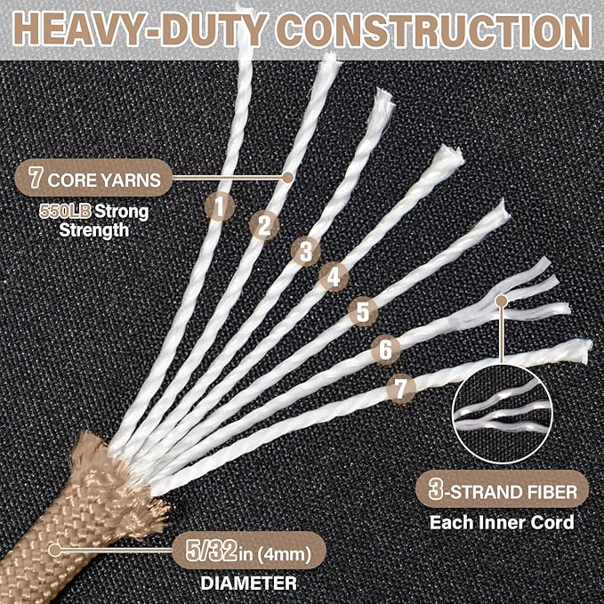 Paracord Rope 550 lb - 200ft 5/32" Parachute Cord 4MM 7-Strand para Cord - Heavy Duty Spool String for Survival,Camping Gear, Survival Bracelet, Clothesline - Khaki