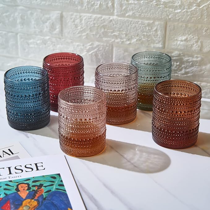 Khen Beaded Tumbler Drinking Glasses Set | Set of 6 | Vintage Hobnail 11 OZ Bubble Design Whiskey Glassware, Old-Fashioned, Embossed Design Glass for Water, Wine, Cocktail HAND WASH ONLY (Grey)
