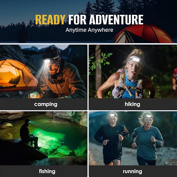 HOKOILN LED Headlamp Rechargeable with Green & Red Light -1300 Lumen Ultra-Bright Flashlight Headlight for Camping, Running, Hiking, Fishing - Waterproof with 7 Modes
