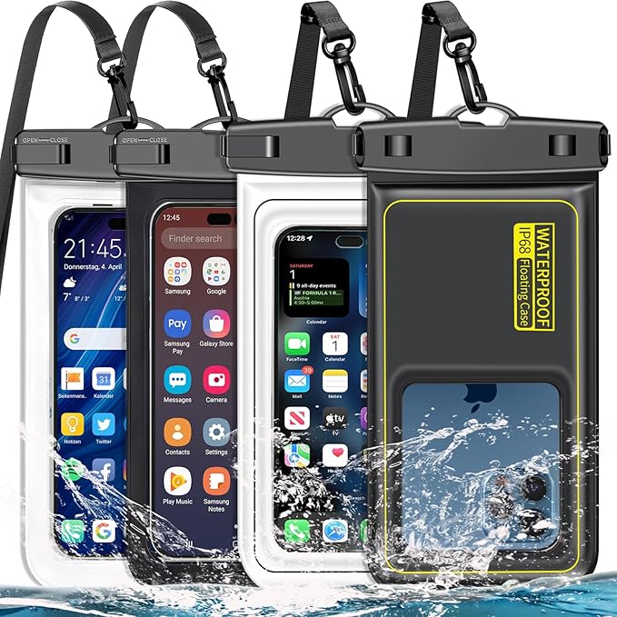 Famoby 4 Pack IP68 Waterproof Phone Pouch (2 Pack Floating and 2 Pack Sinking Waterproof Phone Pouch) Adjustable Neck Lanyard Dry Bag for Apple iPhone,Samsung,and up to 8.5" Black,White