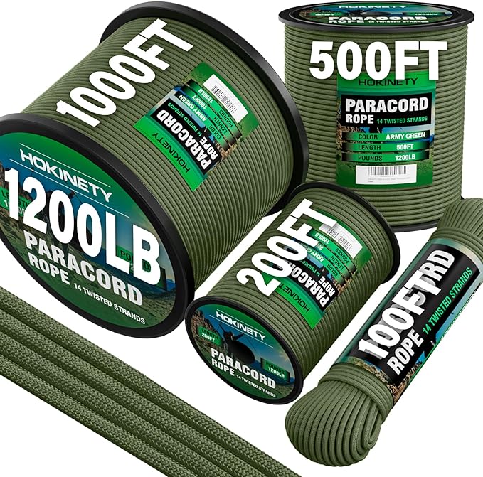 1200 Paracord Rope - 4.4mm 14 Strand Nylon Parachute Spool para Cord Lanyard for Outdoor Camping Survival Utility Tent Crafting DIY Projects Fishing Clothsline Bracelet -ArmyGreen 200FT