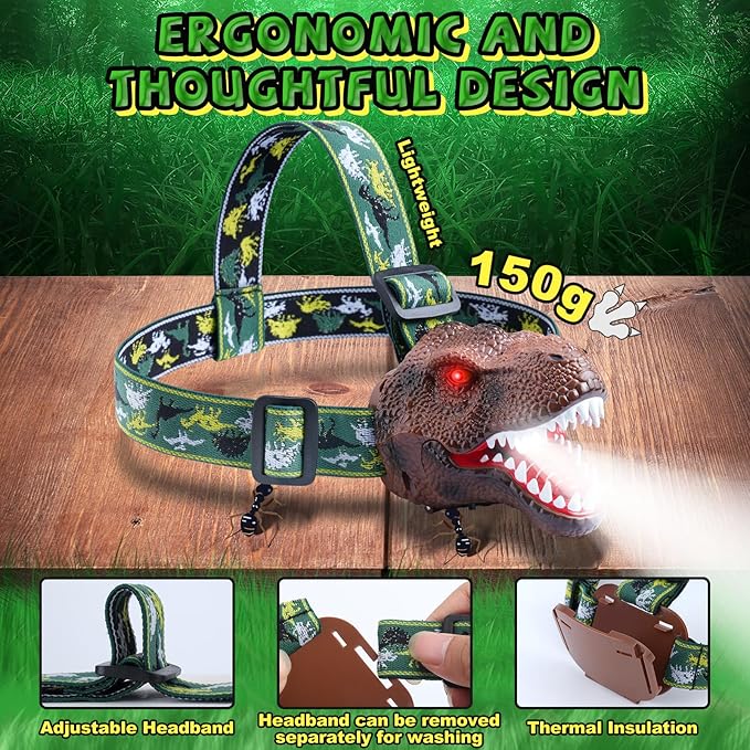 Nitigo Dinosaur Headlamp for Kids Flashlight 2 Pack, Rechargeable Led Headlights Roar & Silent Mode, T-Rex Dinosaur Toys 3-5 4-6 5-7 6-8, Camping Gear, Easter Gifts for Boys Girls Adults