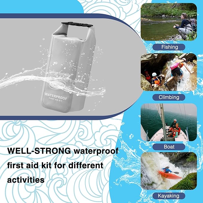 Boat First Aid Kit Waterproof, WELL-STRONG Marine Emergency Kit with Roll Top Dry Bag for Boating Fishing Kayaking – Water-Resistant Contents for Camping & Beach（Light Grey）