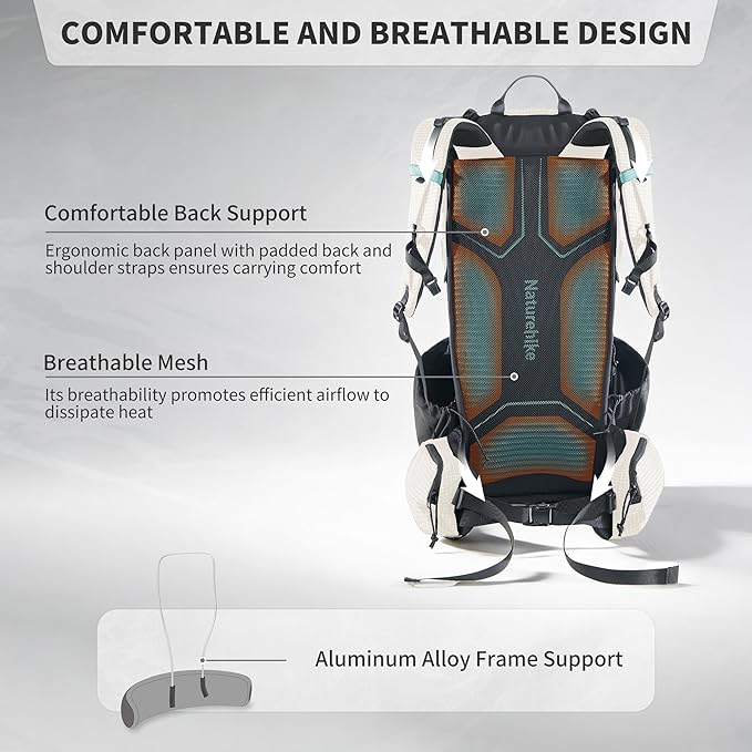 Naturehike 30L Rock 2.0 Upgraded Internal Frame Hiking Backpack for Outdoor Camping Travel Backpacking with Rain Cover Ultralight Backpack for Adults(White/M/30L)