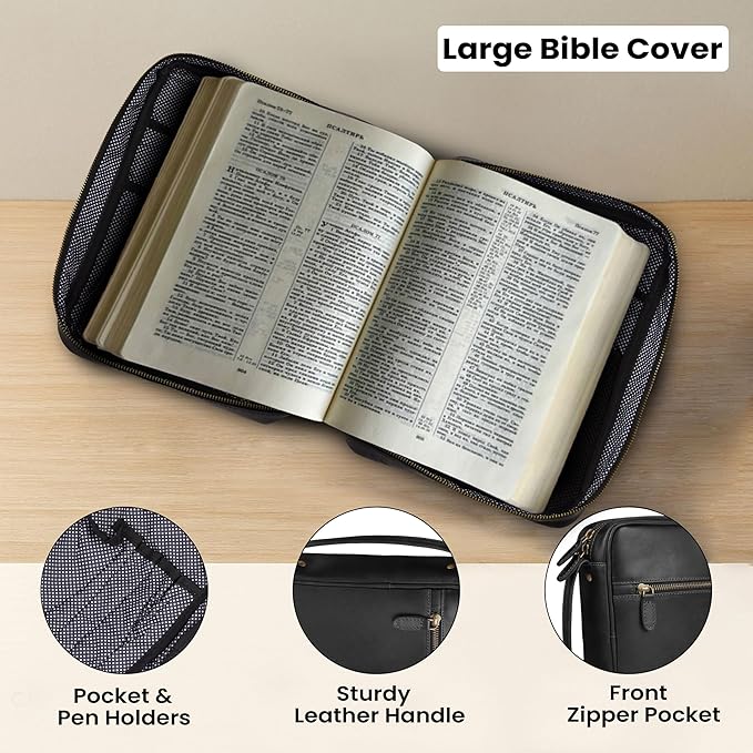 LEATHER VILLAGE Handmade Vintage Leather Bible Cover for Men & Women - Large Protective Bible Case & Organizer for Church, Travel & Study Christian Religious Antique Bookmark - Black