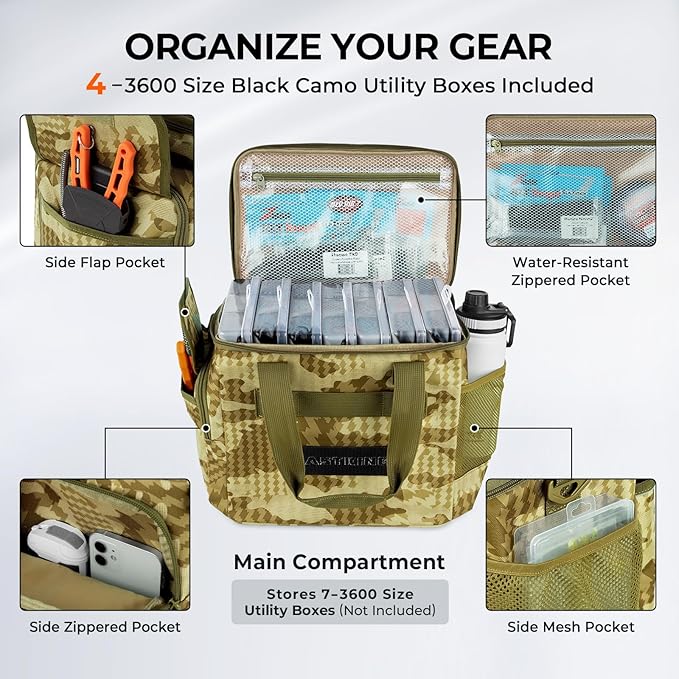 KastKing BaitSpace Fishing Tackle Bag With 4 Tackle Boxes & Removable Bait Binder, Water-Resistant Tackle Storage, Durable Fishing Gear, Adjustable Shoulder Strap