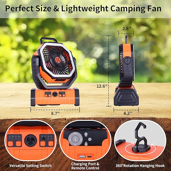 20000mAh Emergency Battery Powered Fan & LED Light, Battery Operated Rechargeable Fan for Power Outage, Car Defrosting, Indoor Use with 360° Oscillating & Hook, 8H Timer, Portable Camping Fan