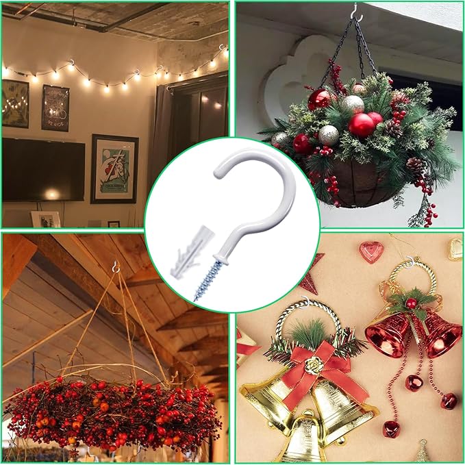 30 Pcs Ceiling Hooks for Hanging Plants, Cups, Utensils and Lights, 1-1/4 inch Vinyl Coated Screw-in Plant and Cup Hooks for Wooden and Drywall with Anchors
