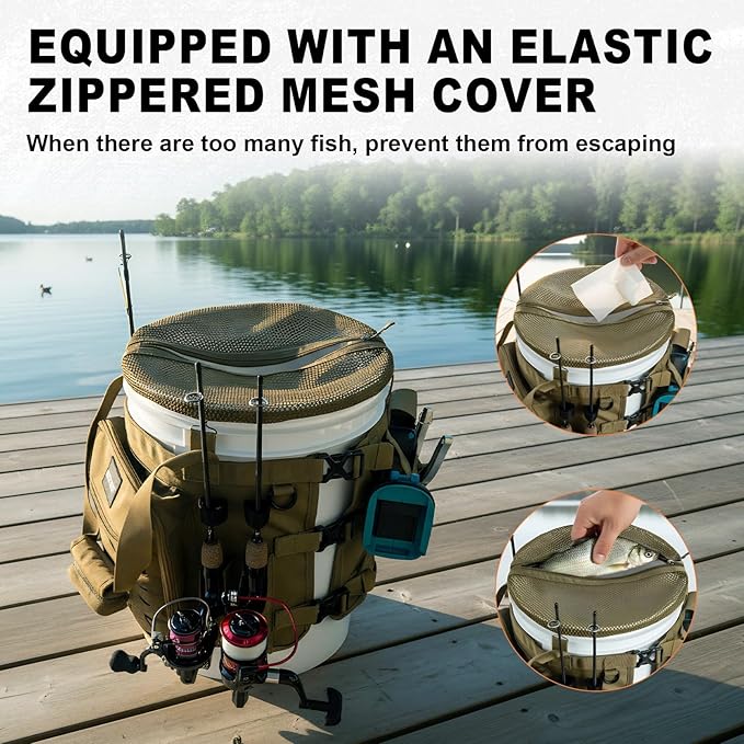 Goture Fishing Bucket Organizer for 5 Gallon Bucket, Heavy-Duty Waterproof Tackle Bag with 15+ Pockets, Ice Auger Holster & Secure Lock Straps for Ice Fishing Gear (Khaki, No Bucket)