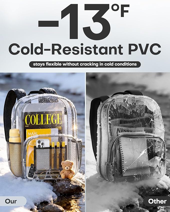HOTOR Clear Backpack - Multi-Pocket Bookbag, Cold-Resistant PVC Waterproof Work Bag & College Backpack with Padded Shoulder Straps for Travel, Festival, 16.0" x 12.0" x 7.0", Black