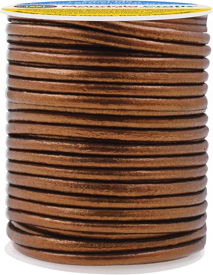 Mandala Crafts Round Genuine Bronze Leather Cord for Jewelry Making – 3mm Cowhide Leather Rope String Lace for Kumihimo – 20 Yards Cowhide Craft Cording Spool