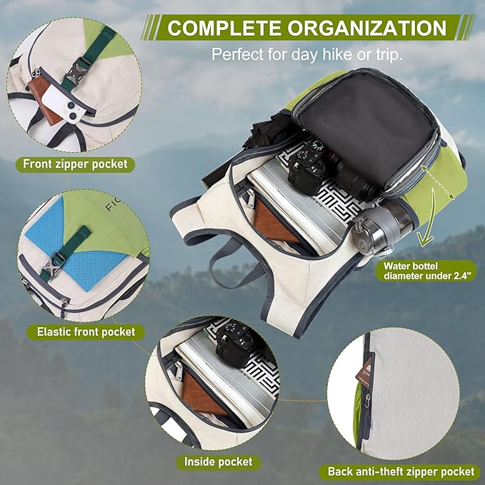 FIORETTO 15L Hiking Backpack for Women Men Mini Packable Backpack Lightweight Small Daypack for Camping Travel Outdoor, Beige and Green