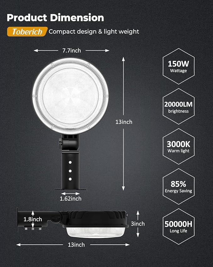 toberich LED Barn Light, 150W 20000LM Yard Area Lights Dusk to Dawn Outdoor Lighting with Photocell 3000K Warm White Adjustable Angle IP66 Waterproof Street Lights for Security/Farmhouse/Garage