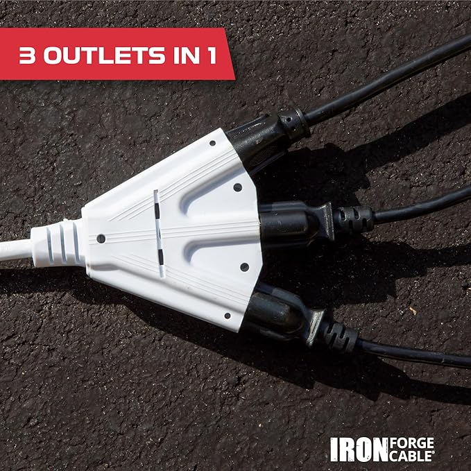 Iron Forge Cable 25ft White Outdoor Extension Cord with 3 Outlets - 14/3 SJTOW Oirl Resistant 15 Amp 25ft Extension Cord 3 Prong - Multiple Outlets