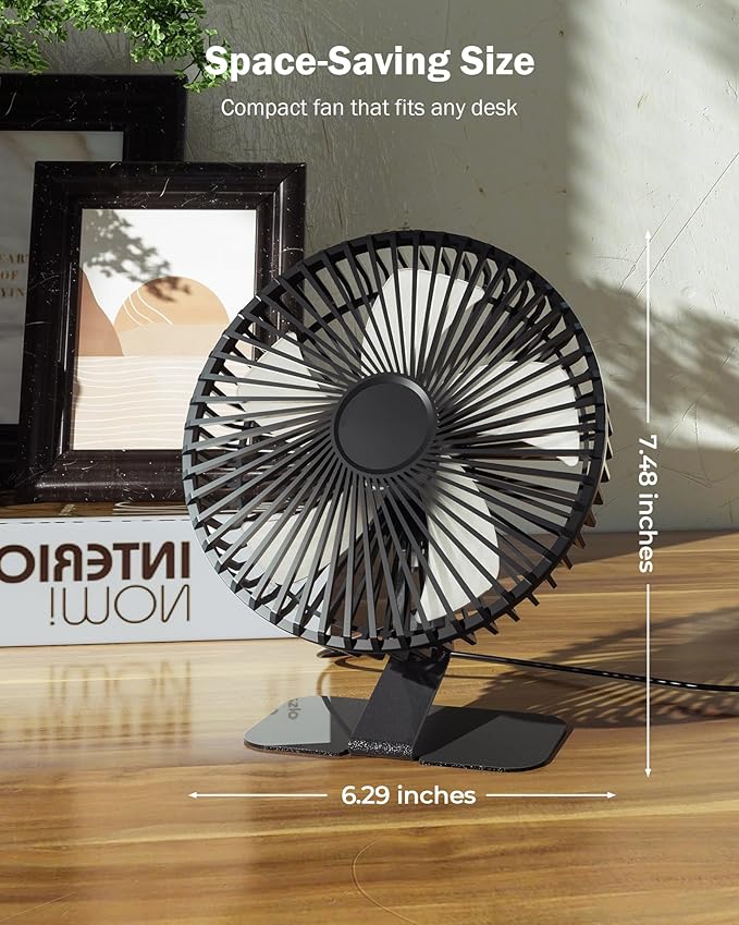 SLENPET 6-inch USB Small Desk Fan, 4 Speeds, Ultra-quiet, 90° Adjustment for Better Cooling, Portable Mini Powerful Desktop Table Fan, Personal Fan for Home Office, Metal Base, Black