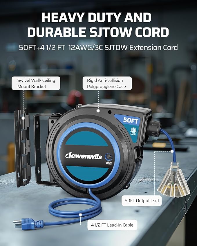 DEWENWILS Retractable Extension Cord Reel, 50 FT 14/3C SJTOW Heavy Duty Power Cord with Lighted Triple Tap Outlet, 180° Swivel Bracket for Ceiling/Wall Mount, 13A Circuit Breaker, ETL Listed, Blue