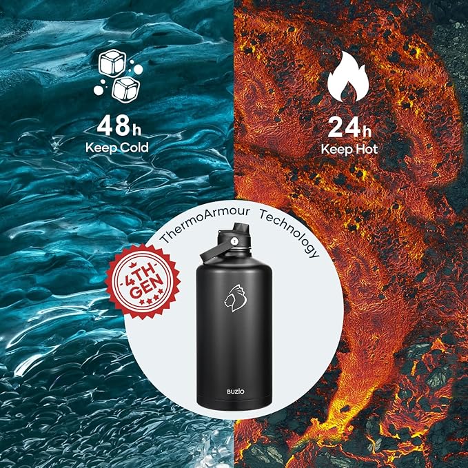 BUZIO 1 Gallon Water Jug with Straw Handle Lid, 128oz Water Bottle Stainless Steel Double Wall Hydro Jug 18/8 Food Grade Thermo Mug Keep Cold 48H & Hot 24H, Black