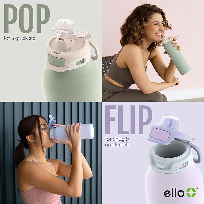 Ello Pop & Fill 32oz Stainless Steel Water Bottle with Quick Fill Technology, Double Walled and Vacuum Insulated Metal, Leak Proof Locking Lid, Sip and Chug, Reusable, BPA Free, Raincloud