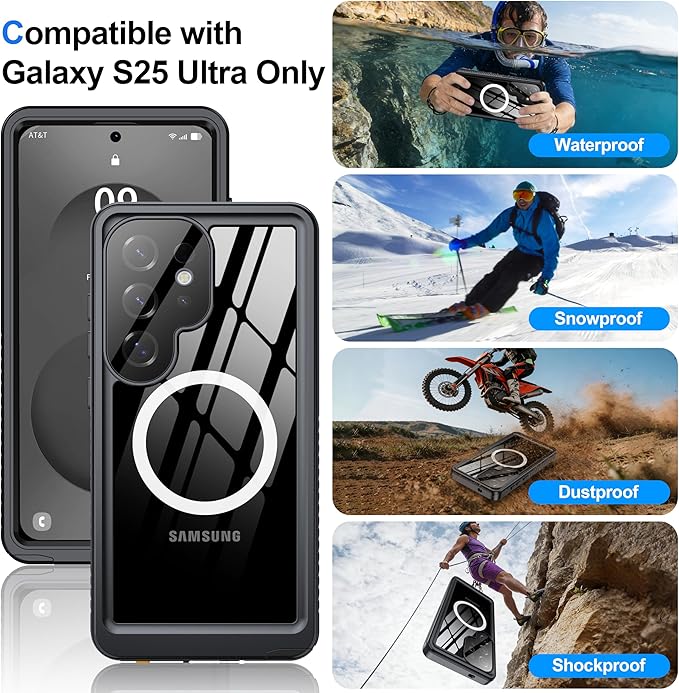ANTSHARE IP68 Waterproof Case for Samsung Galaxy S25 Ultra [2025] - MagSafe Compatible, Built-in Screen/Lens Protector - Shockproof Full Body Protection for Swimming/Outdoor, Black/Clear