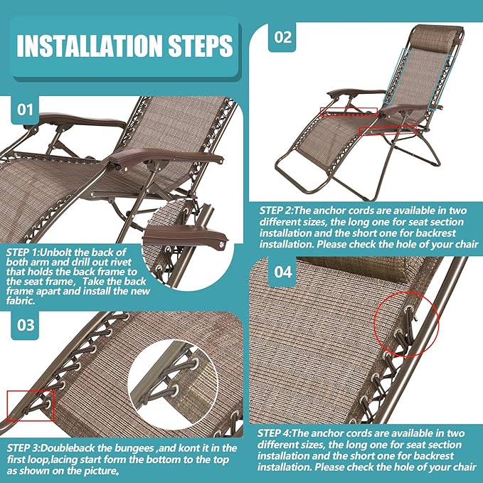 Queekay Chair Replacement Fabric with 4 Bungee Cord Lounge Chair Cloth Mesh Repair Kit for Patio Recliner Outdoor Lawn Pool(63 x 21 Inch,Beige)