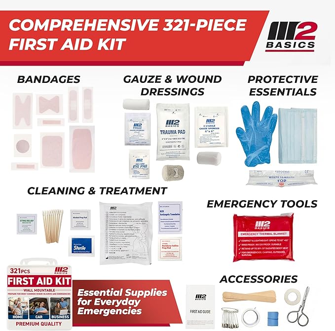 M2 BASICS Premium 321 Piece First Aid Kit, All Purpose Kit with Hard Case for Home, Car, Business, School, Office & Vehicle