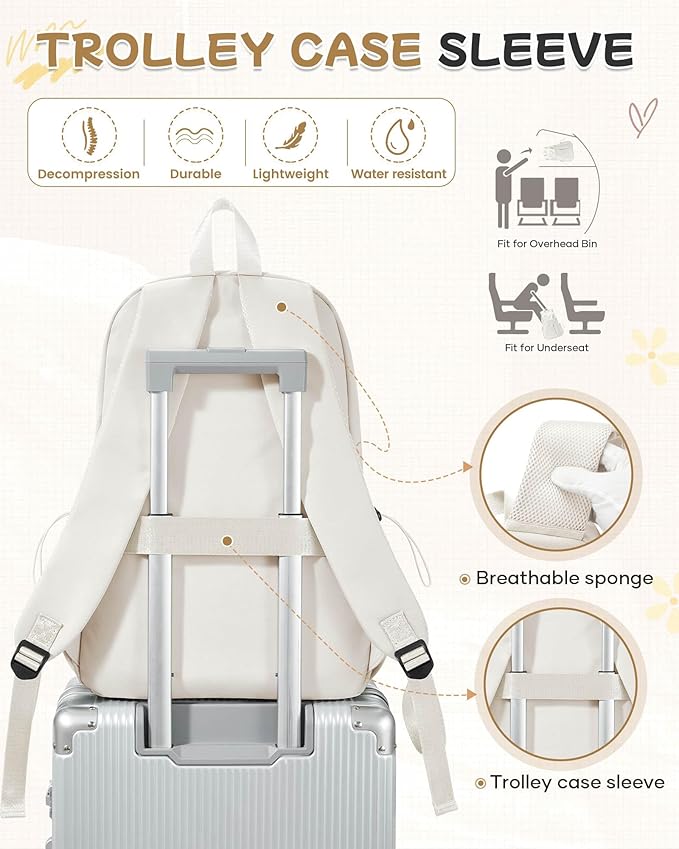 SEAFEW Beige School Backpack for Girls Women Waterproof High School Book Bag Cute Backpack for Men Teens Boys, Lightweight Simple Middle School Back Pack Daypack