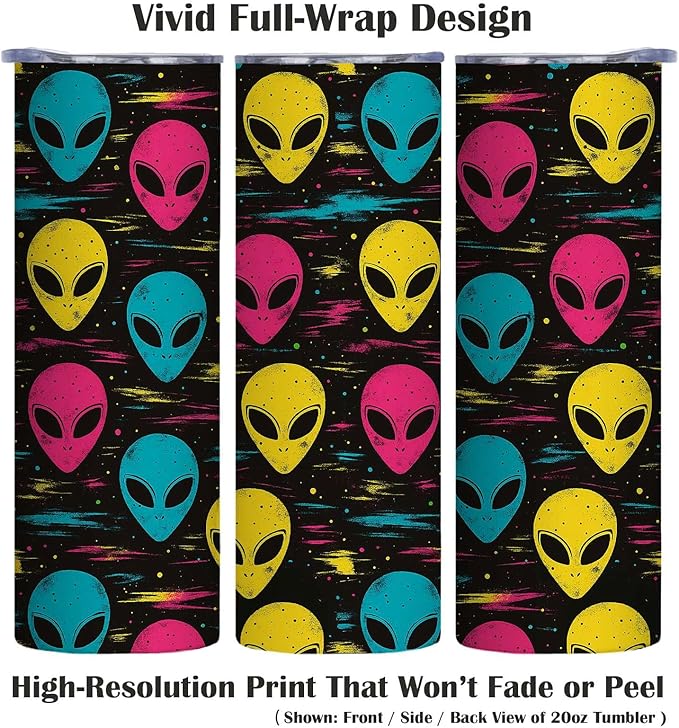 Firmiso 20 oz Tumbler｜Skinny Insulated Travel Mug｜Stainless Steel Cup with Lid and Telescopic Straw｜Colorful Alien Design｜Funny Novelty Drinkware｜Unique Gift Idea for Adults Men Women